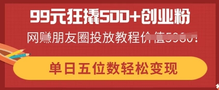99元狂撬500+创业粉，单日五位数轻松变现，网创朋友圈投放教程-蓝天网创